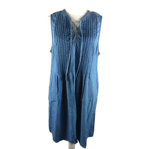 Old Navy Blue Jean Dress Sleeveless Size Large Tie Front Casual Hippy Boho Flaw